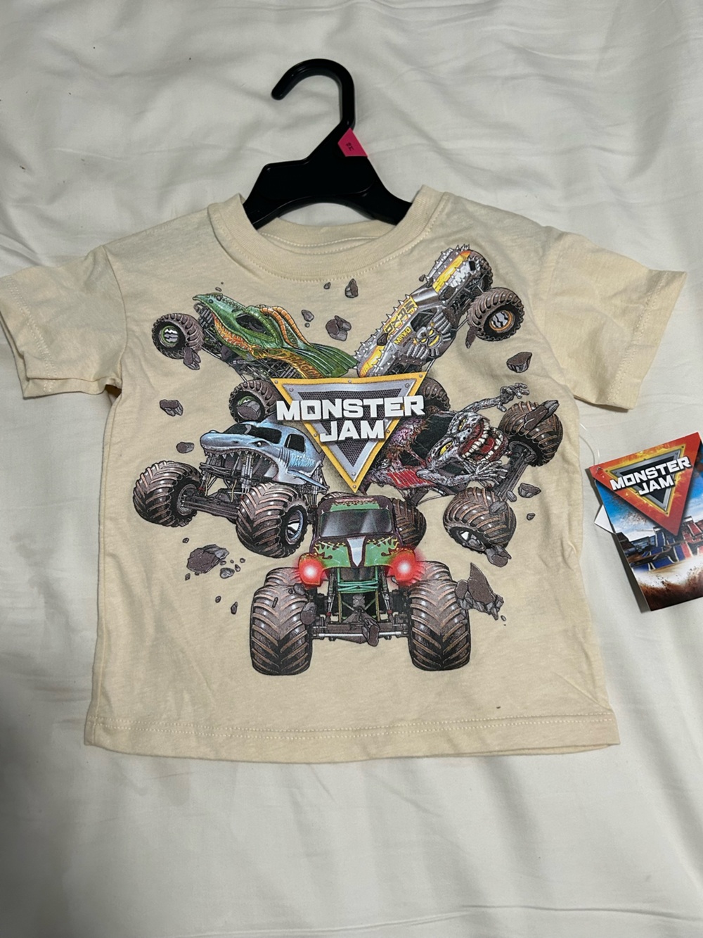 NWT Monster Jam Kids Tee in Cream with Multicolor Truck Graphics size 18